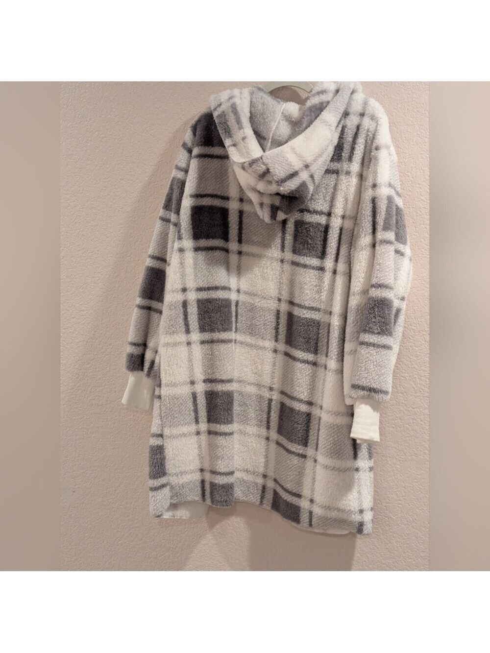 Plaid Open Front Long Cardigan Coat with Hoodie Large NWOT - Picture 3 of 5